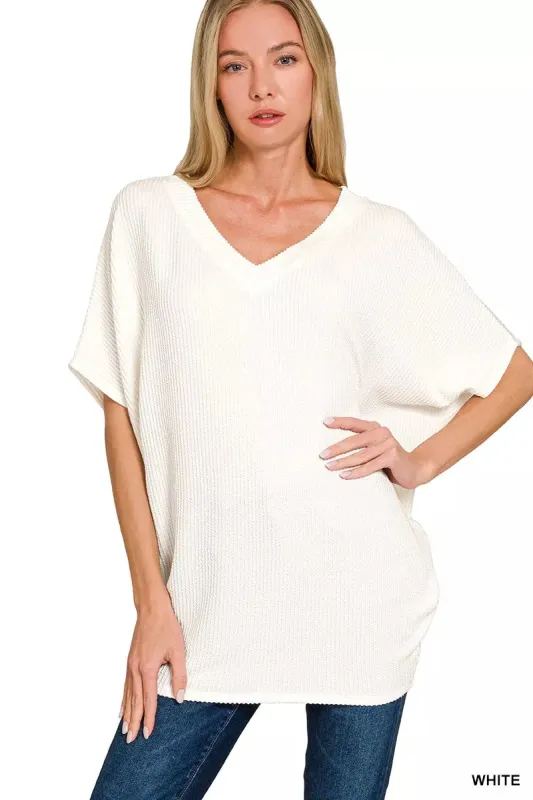 Zenana Raised Rib V-Neck Batwing Top sold by Charming Charlie