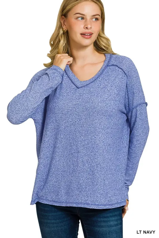 Zenana Soft Melange Hacci Exposed Seam Hi-low Tee sold by Charming Charlie