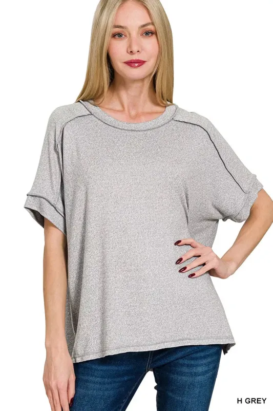 Zenana Full Size Soft Melange Hacci Short Sleeve Hi-low Tee Plus Size sold by Charming Charlie