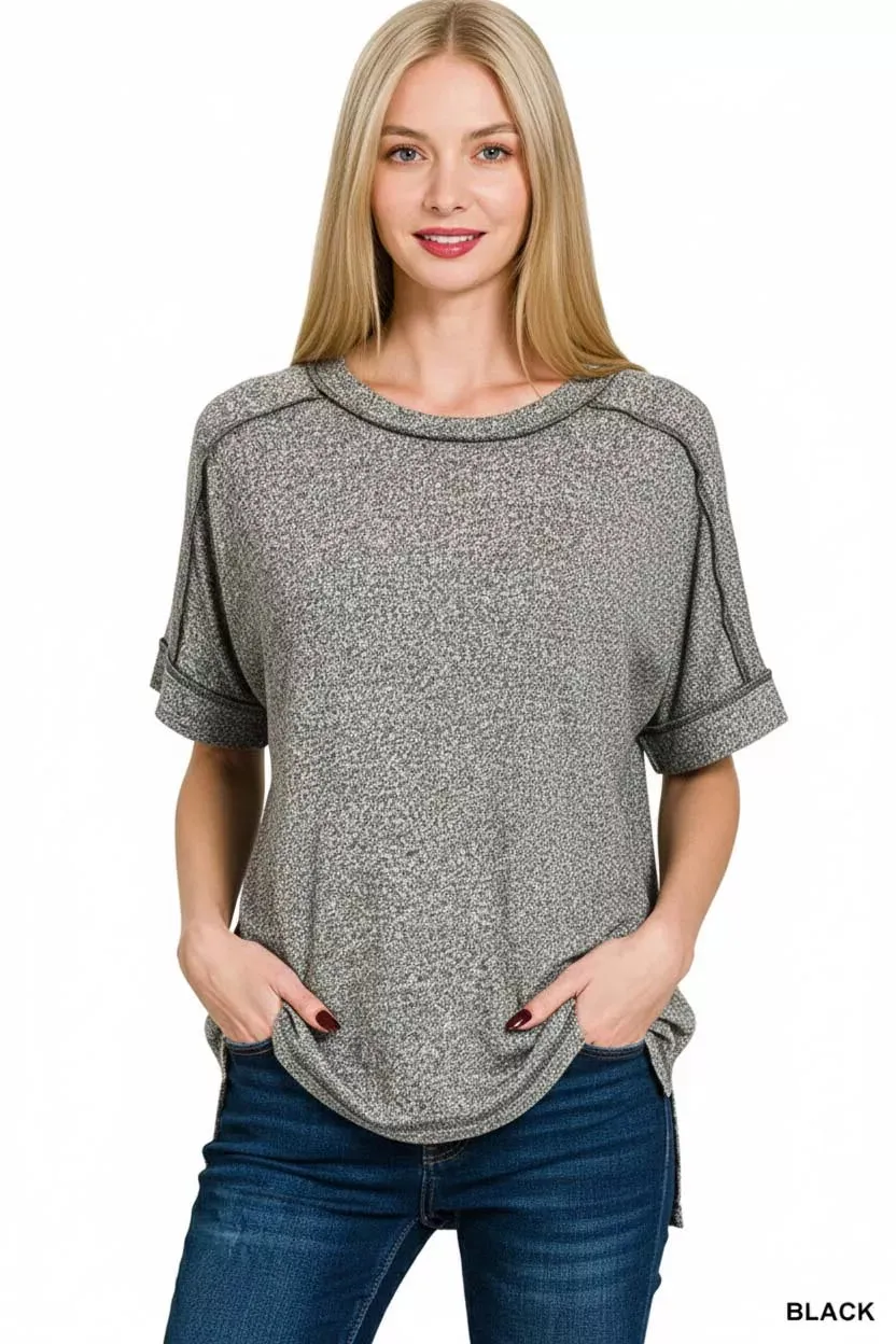 Zenana Full Size Soft Melange Hacci Short Sleeve Hi-low Tee Plus Size sold by Charming Charlie