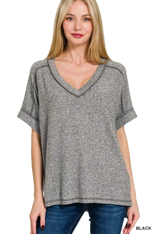 Zenana Full Size Soft Melange Hacci V-Neck Short Sleeve Hi-low Tee Plus Size sold by Charming Charlie