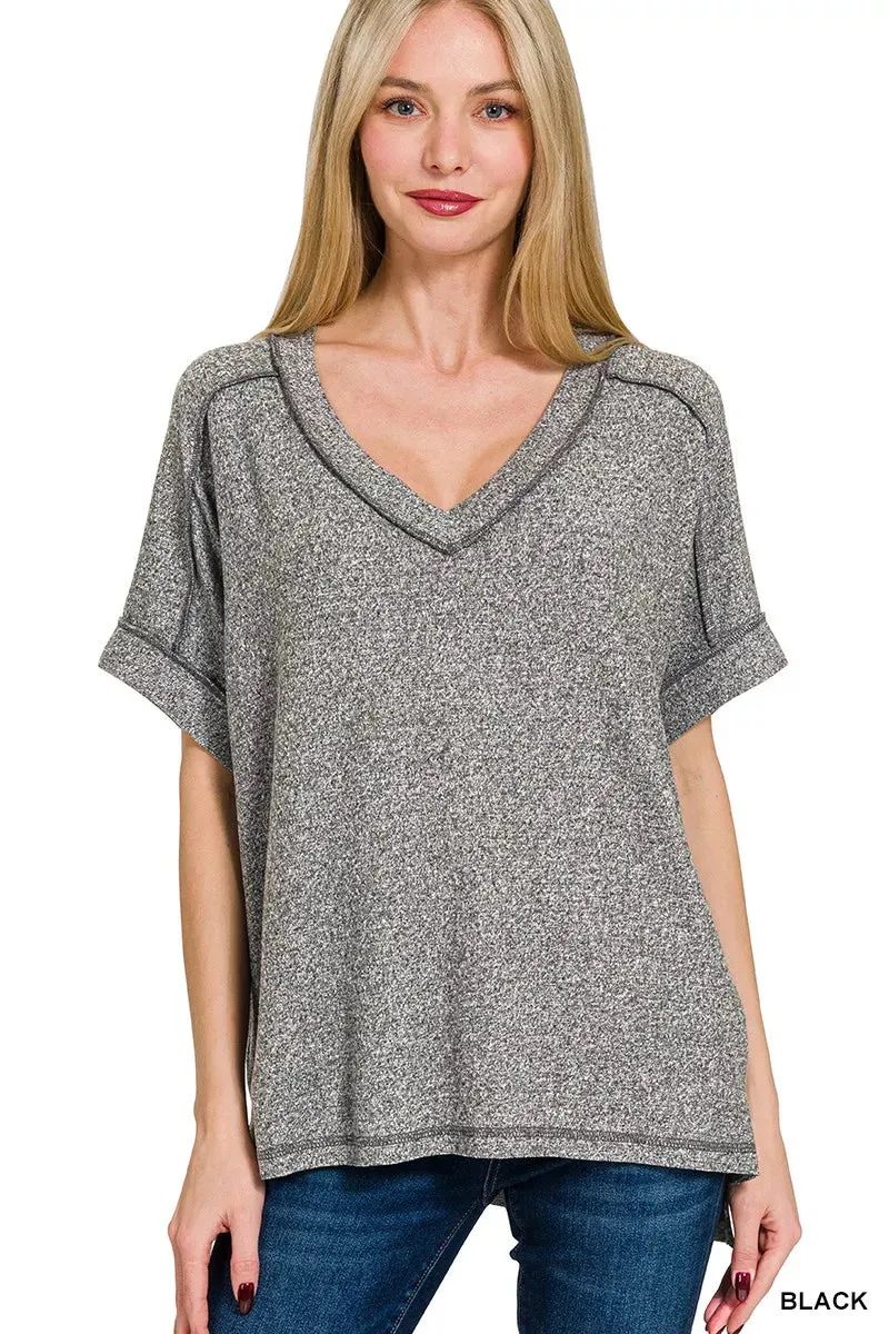 Zenana Full Size Soft Melange Hacci V-Neck Short Sleeve Hi-low Tee Plus Size sold by Charming Charlie