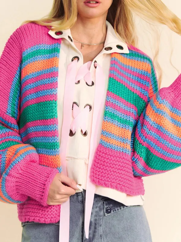 Stripe Colorful Puff Sleeve Drop Shoulder Loose Cardigan sold by Charming Charlie