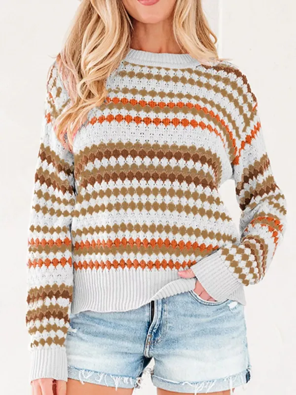 Stripe Eyelet Patterned Drop Shoulder Sweater sold by Charming Charlie