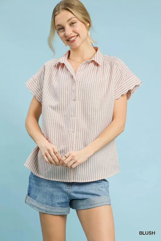 Umgee Striped Button-Down Top with Scallop Sleeves sold by Charming Charlie