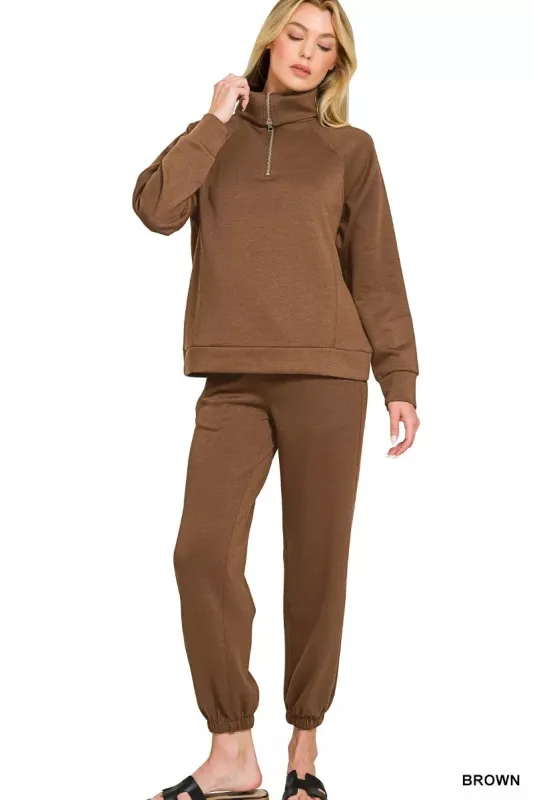 Zenana Scuba Half Zip Sweatshirts and Joggers Set sold by Charming Charlie