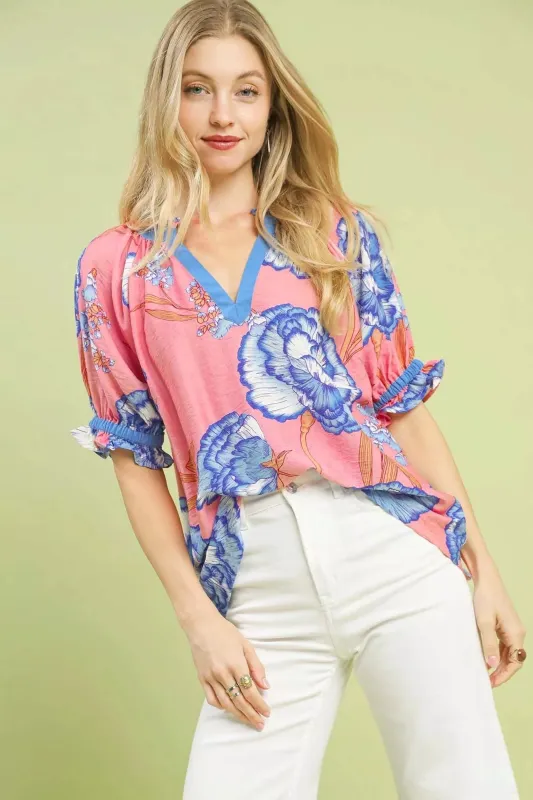 Umgee Floral V-Neck Puff Sleeve Blouse sold by Charming Charlie