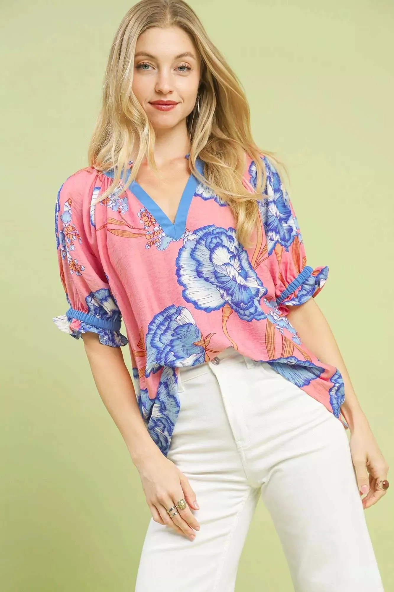 Umgee Floral V-Neck Puff Sleeve Blouse sold by Charming Charlie