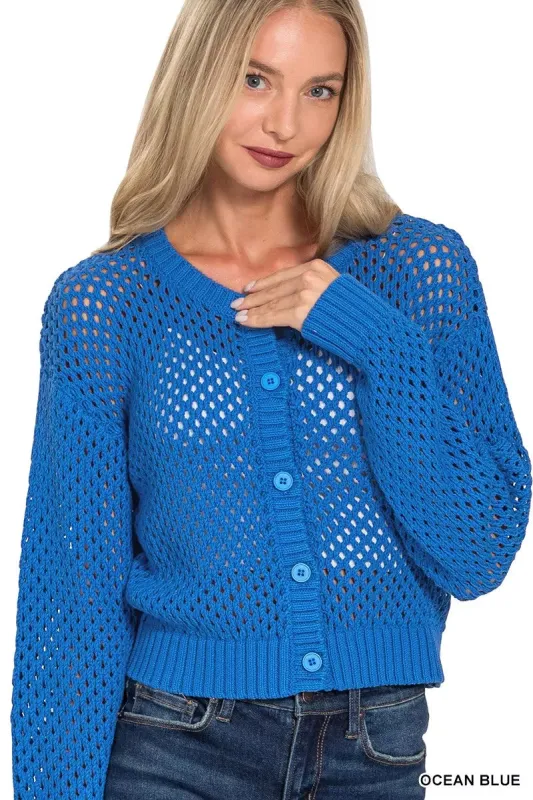 Zenana Button Down Lightweight Crochet Cardigan Sweater sold by Charming Charlie