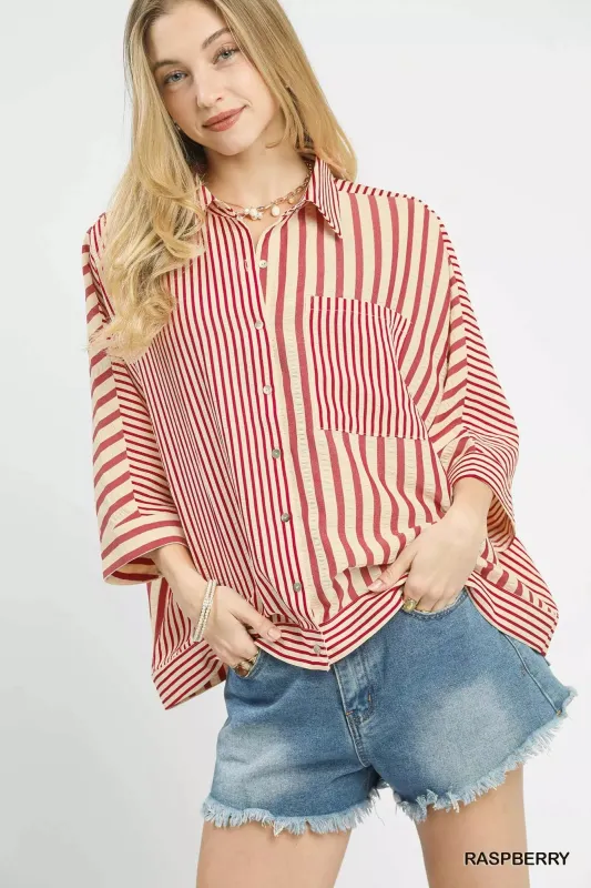 Umgee Mixed Stripe Oversized Button Down Top sold by Charming Charlie