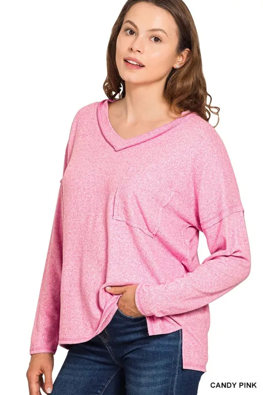 Zenana Soft Melange Hacci Exposed Seam Coin Pocket Tee sold by Charming Charlie