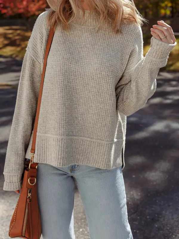 Waffle Texture Knit Ribbed High Neck Drop Shoulder Sweater sold by Charming Charlie