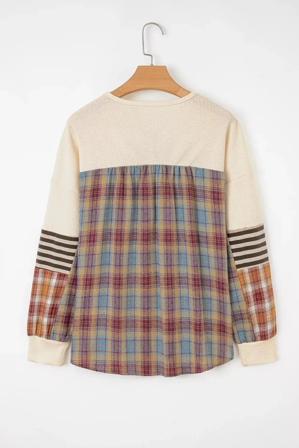 Waffle Knit Plaid Patchwork Long Sleeve Blouse sold by Charming Charlie product image thumbnail 4