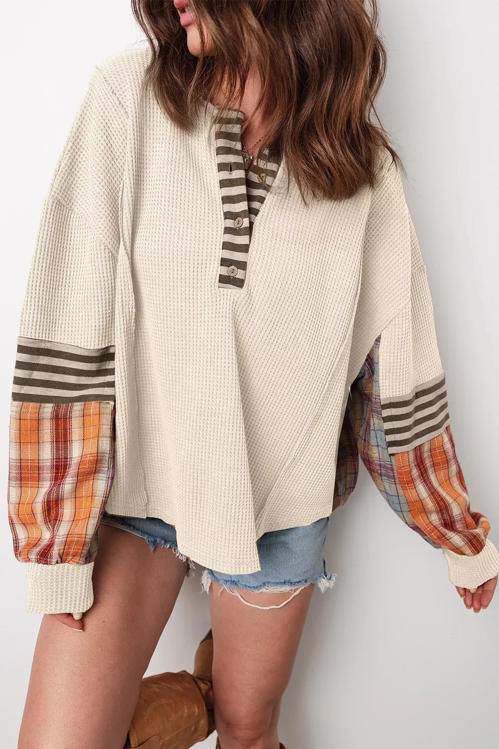 Waffle Knit Plaid Patchwork Long Sleeve Blouse sold by Charming Charlie