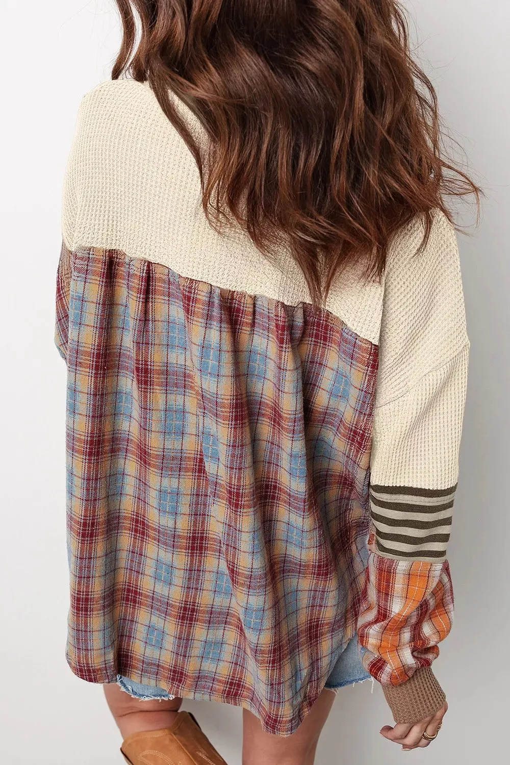 Waffle Knit Plaid Patchwork Long Sleeve Blouse sold by Charming Charlie product image thumbnail 2