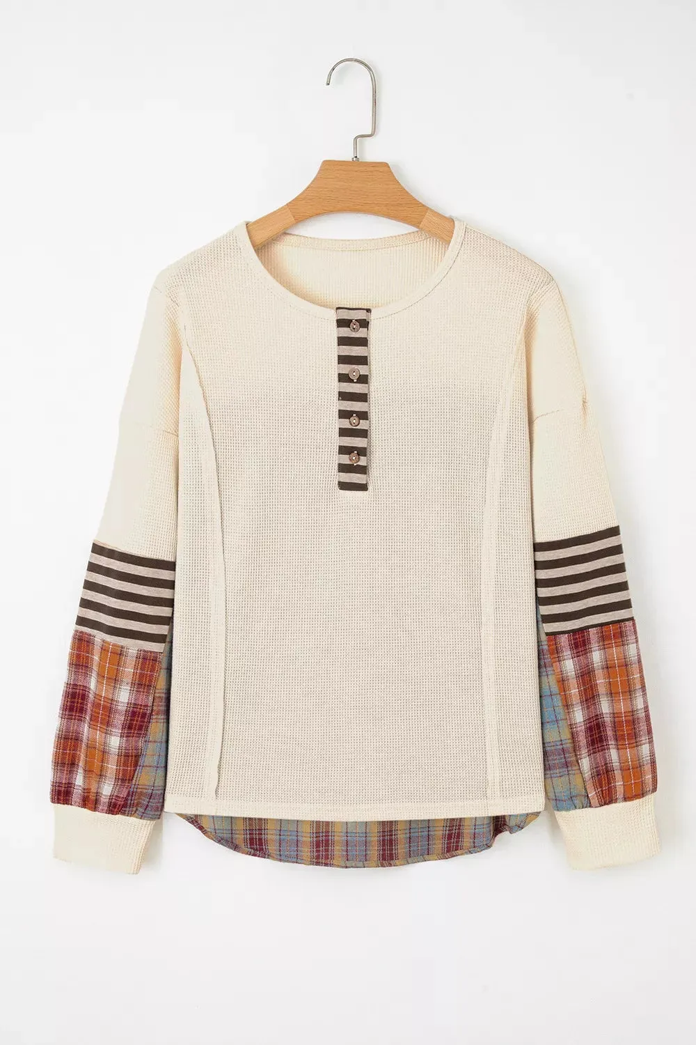 Waffle Knit Plaid Patchwork Long Sleeve Blouse sold by Charming Charlie product image thumbnail 3