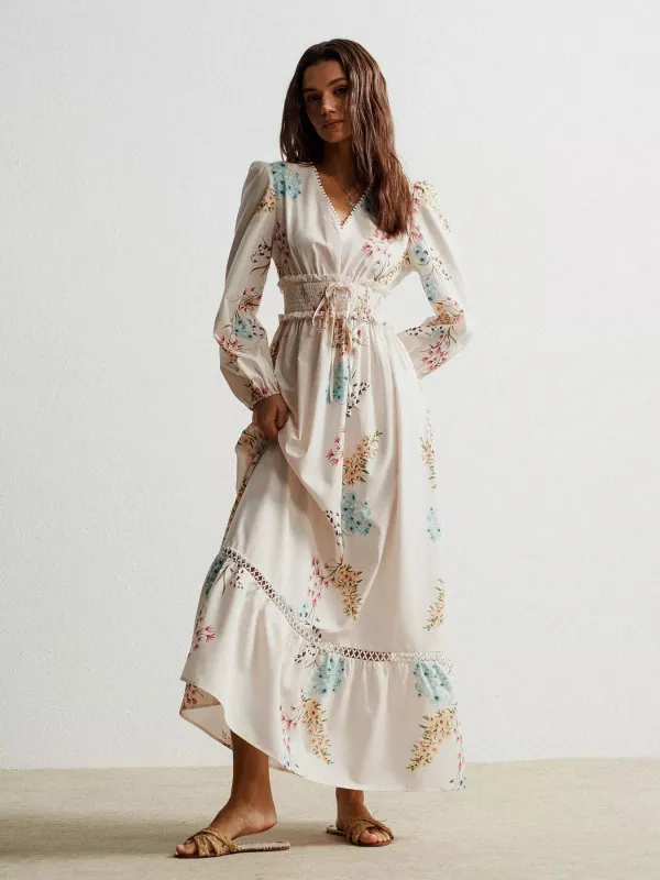 Floral Print Long Sleeve Maxi Dress with Smocked Waist sold by Charming Charlie