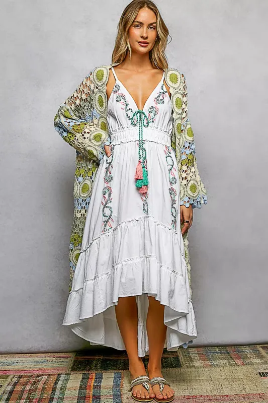 POL Scalloped Edge Open Front Crochet Cardigan with Colorful Stripe Pattern sold by Charming Charlie