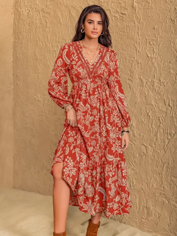 Boho Floral Print Long Sleeve Midi Dress made by Trendsi