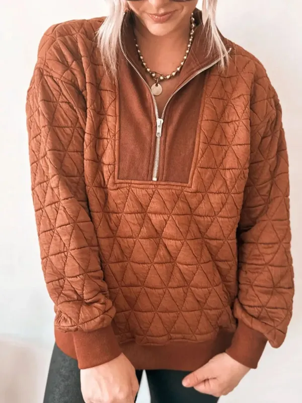 Geometric Quilted Half Zipped Loose Sweatshirt made by Trendsi