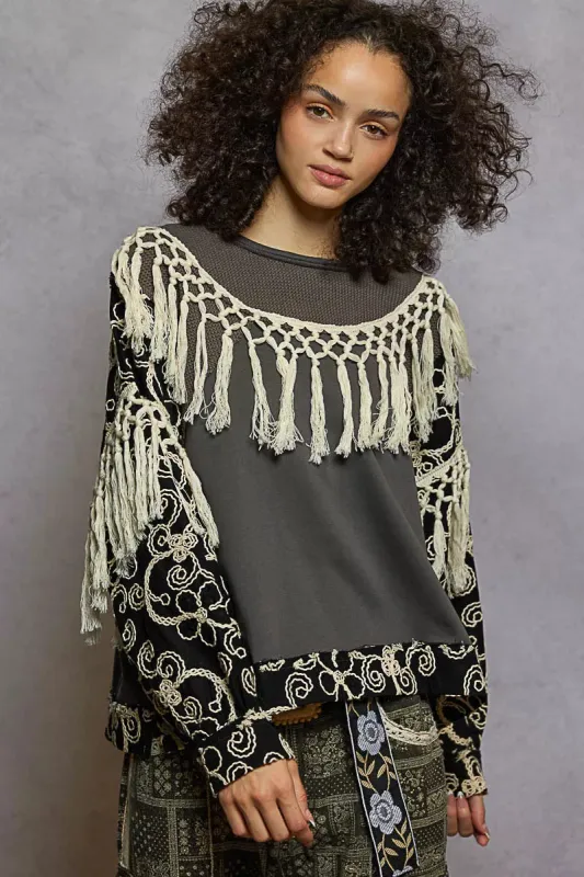 POL Contrast Floral Embroidery Balloon Sleeve Top with Tassel Trim sold by Charming Charlie