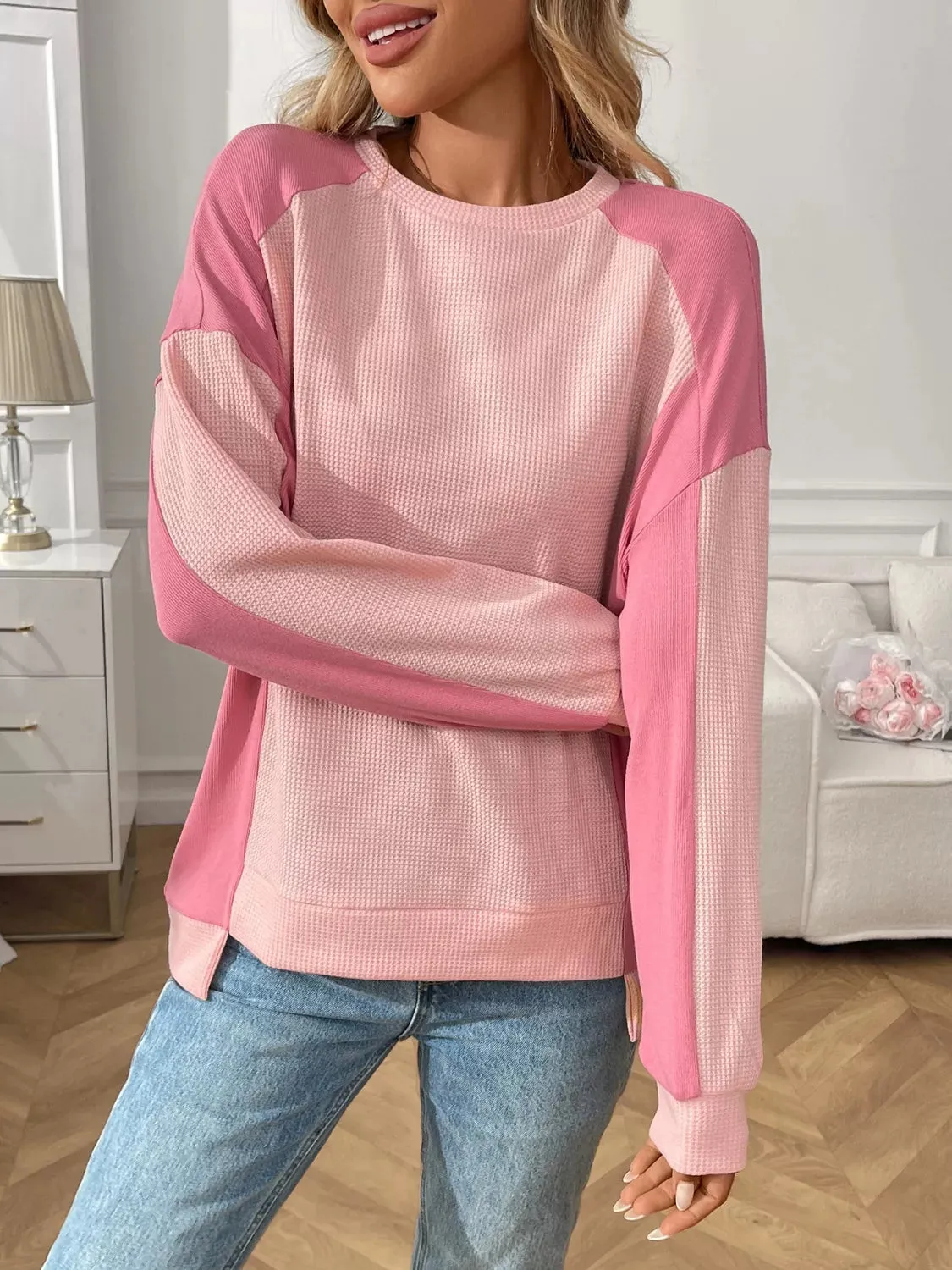 Color Block Waffle Knit Long Sleeve T-Shirt sold by Charming Charlie product image thumbnail 3