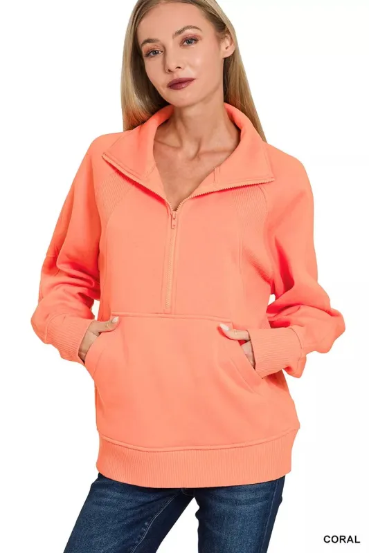 Zenana Half Zip Fleece Sweatshirt with kangaroo Pocket sold by Charming Charlie