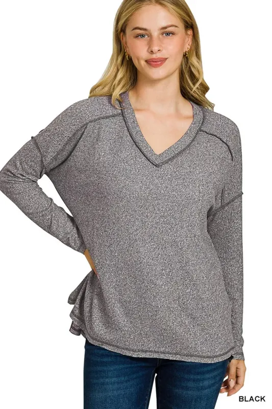 Zenana Soft Melange Hacci Exposed Seam Hi-low Tee made by Trendsi