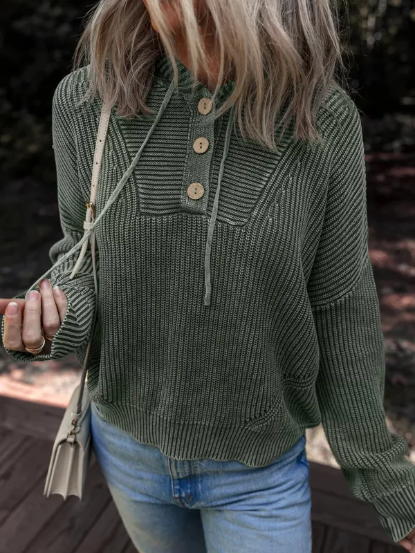 Mineral Wash Ribbed Knit Button Drawstring Neck Hooded Sweater sold by Charming Charlie