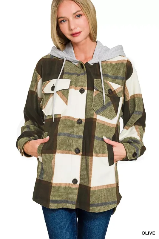 Zenana Plaid Drawstring Hooded Fleece Shacket sold by Charming Charlie