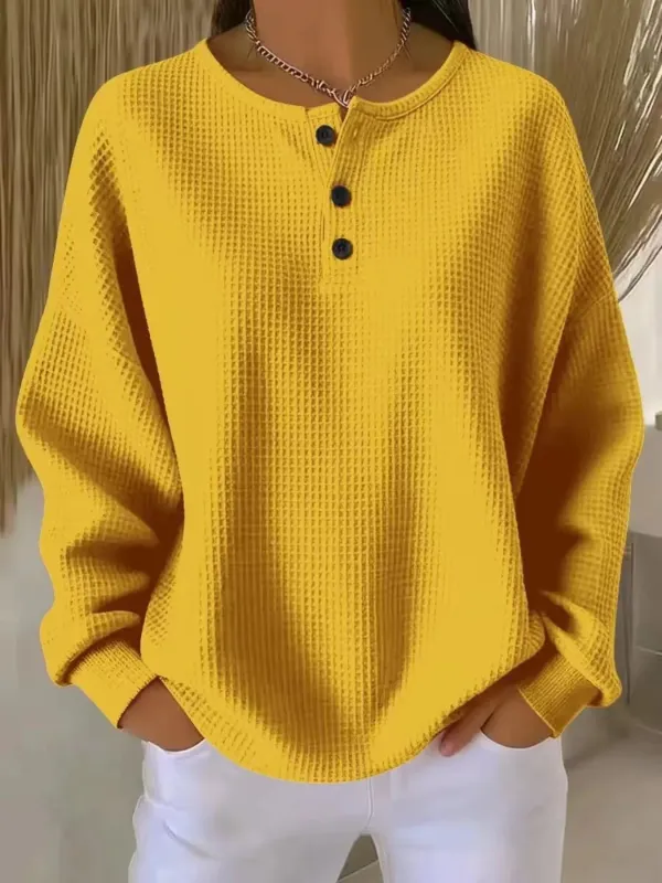 Full Size Casual Waffle Knit Button Detail Pullover Plus Size sold by Charming Charlie