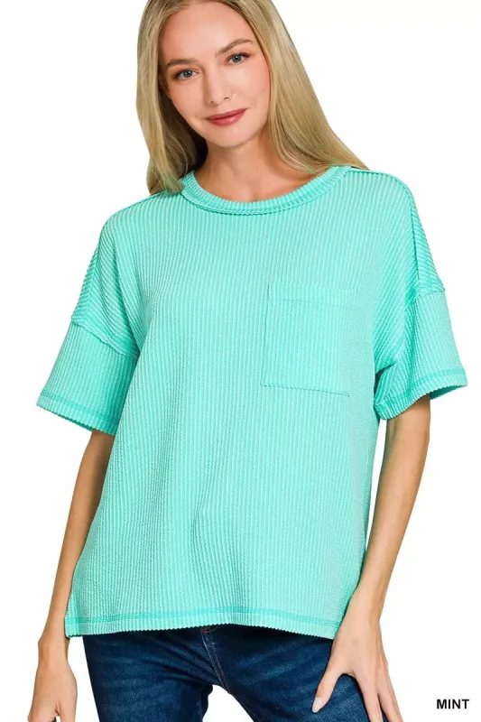 Zenana Raised Rib Exposed Seam Short Sleeve Top sold by Charming Charlie