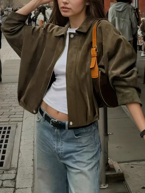 Suede Cropped Bomber Jacket sold by Charming Charlie