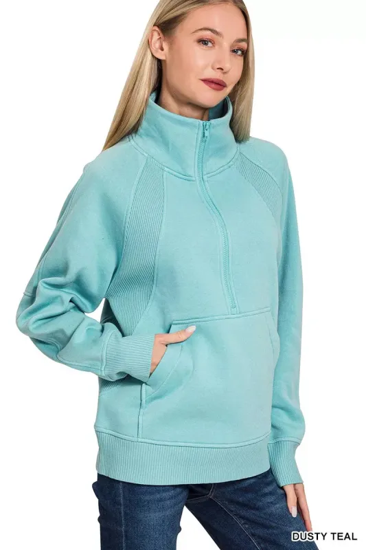 Zenana Half Zip Fleece Sweatshirt with kangaroo Pocket sold by Charming Charlie
