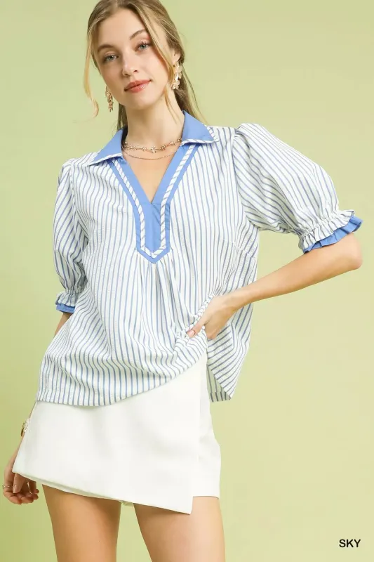 Umgee Seersucker Stripe Ruffle Sleeve Top sold by Charming Charlie