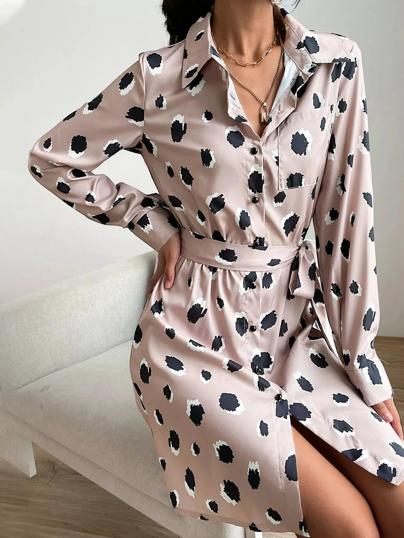Printed Long Sleeve Mini Shirt Dress sold by Charming Charlie product image thumbnail 2