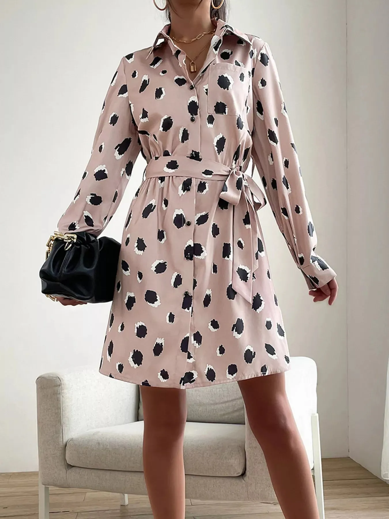 Printed Long Sleeve Mini Shirt Dress sold by Charming Charlie product image thumbnail 3