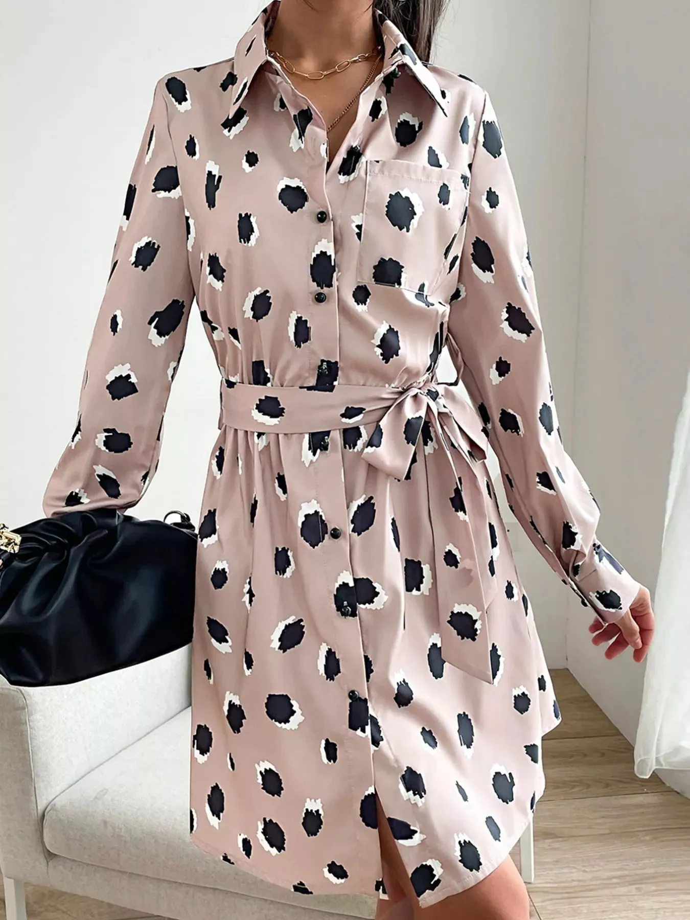 Printed Long Sleeve Mini Shirt Dress sold by Charming Charlie product image thumbnail 4