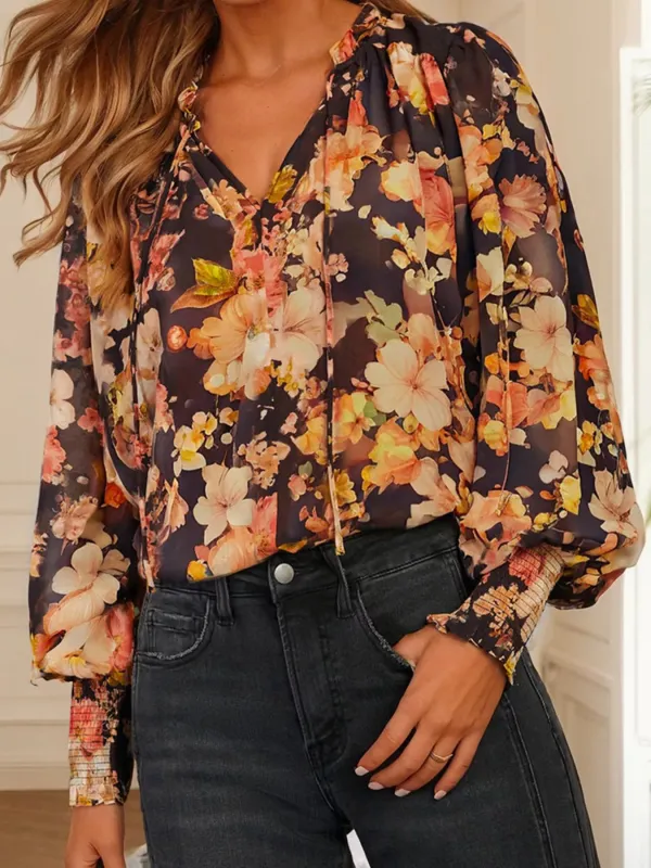 Floral V Neck Long Puff Sleeve Breezy Blouse sold by Charming Charlie