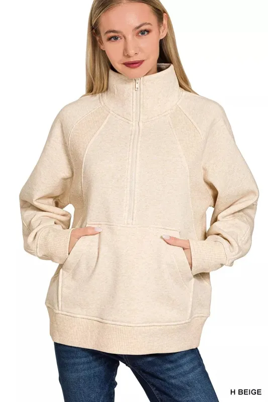 Zenana Half Zip Fleece Sweatshirt with kangaroo Pocket sold by Charming Charlie