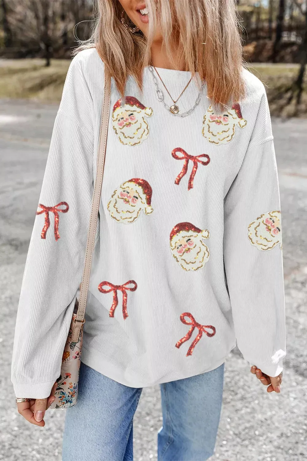 Full Size Corded Rib Sequin Santa Bow Patched Drop Shoulder Sweatshirt Plus Size sold by Charming Charlie product image thumbnail 2