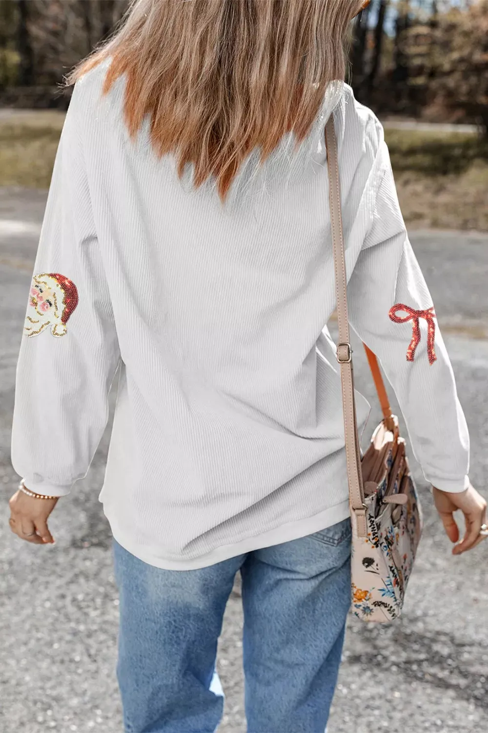 Full Size Corded Rib Sequin Santa Bow Patched Drop Shoulder Sweatshirt Plus Size sold by Charming Charlie product image thumbnail 3