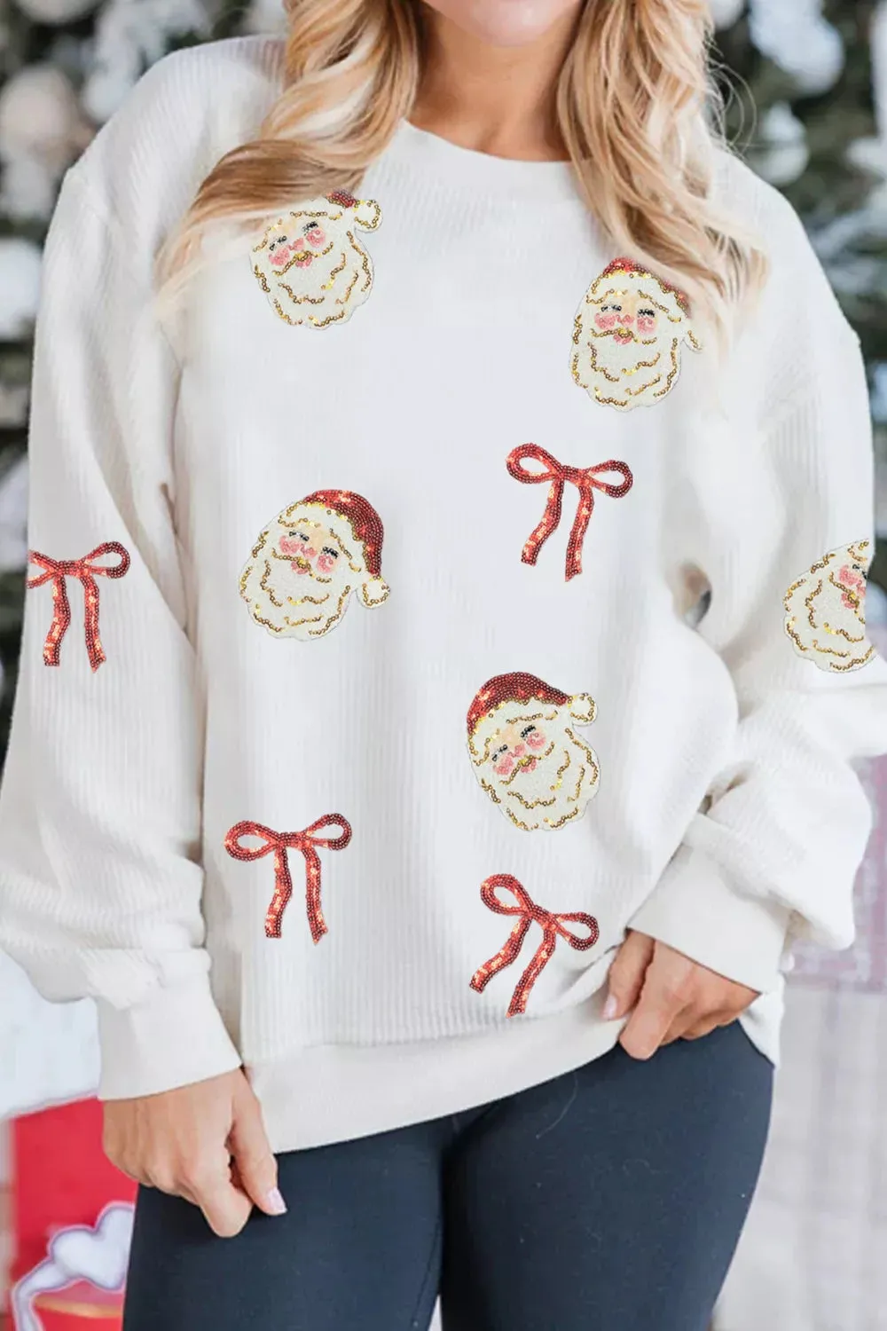 Full Size Corded Rib Sequin Santa Bow Patched Drop Shoulder Sweatshirt Plus Size sold by Charming Charlie product image thumbnail 4