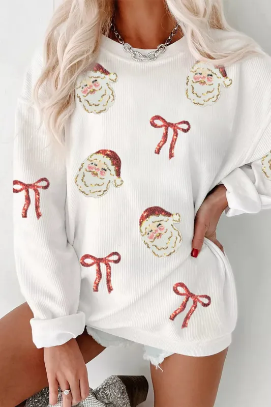 Full Size Corded Rib Sequin Santa Bow Patched Drop Shoulder Sweatshirt Plus Size sold by Charming Charlie