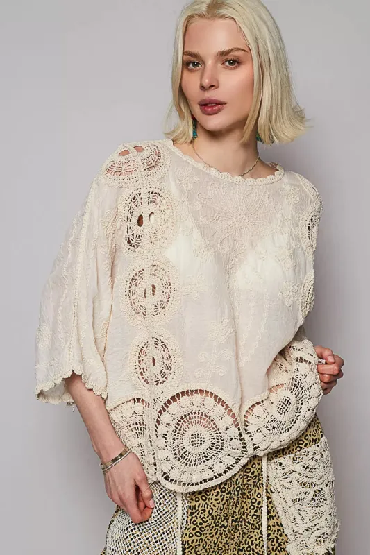 POL Round Neck Crochet Top with Floral Embroidery Detail sold by Charming Charlie