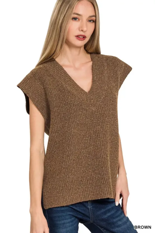 Zenana Ribbed Slit V-Neck Sweater Vest made by Trendsi