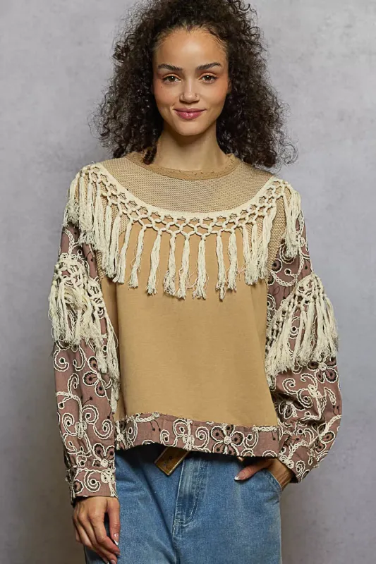 POL Contrast Floral Embroidery Balloon Sleeve Top with Tassel Trim sold by Charming Charlie