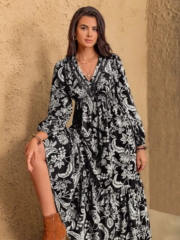 Floral Print V-Neck Long Sleeve Ruffle Hem Midi Dress sold by Charming Charlie