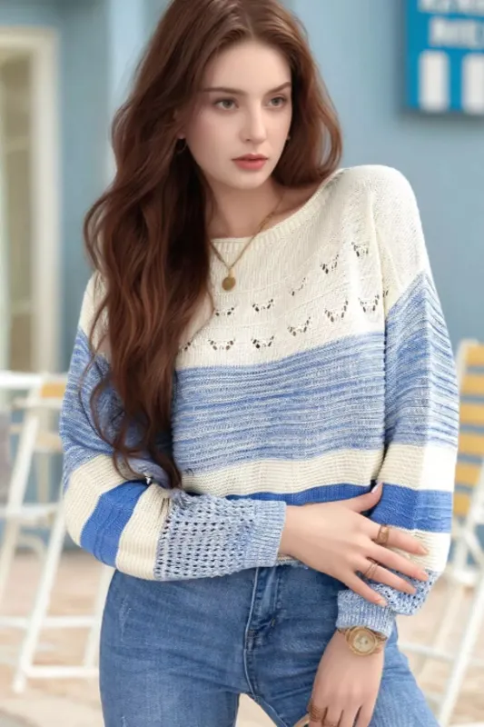 Openwork Striped Knit Long Sleeve Sweater sold by Charming Charlie