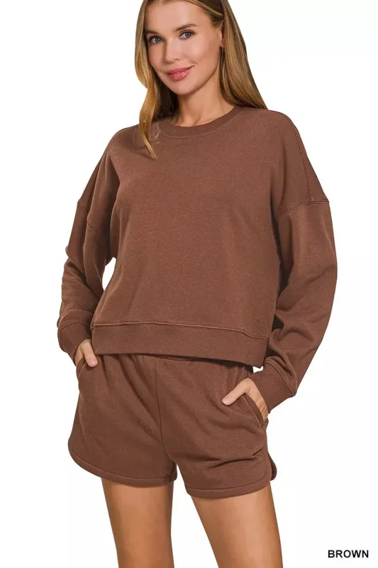 Zenana Fleece Long Sleeve Sweatshirts and Shorts Set sold by Charming Charlie